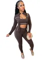 Front view of brown three-piece athletic set including zip jacket and yoga leggings - S / Top And Bottom / Coffee