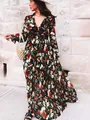 Elegant long-sleeved floral maxi dress with ruffle V-neck and flowing layered skirt design - Multicolor Black