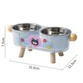 Elevated stainless steel double cat bowl feeder with light blue base and wooden legs - Dopamine + Stainless Steel Double Bowls / Blue
