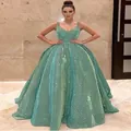 Elegantes glitzerndes A-Linien-Abendkleid in Türkisgrün mit sehr dünnen Trägern - M / Kleider / Grün