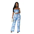 Ensemble deux pièces imprimé denim avec motif usé et pantalon évasé tendance - S / Haut Et Bas / Bleu