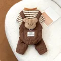 Detailed view of dog winter quilted jumpsuit with a cute 3D plush bear head decoration. - S / Brown
