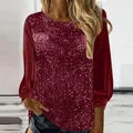 Detailed look at the shimmering wine red sequins on this elegant long sleeve top - S / Tops / Burgundy