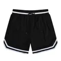 Macro view of black mesh athletic shorts with white striped cuffs and drawstring - S / Bottoms / Black