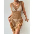 Bohemian crochet beach cover-up in tan featuring hollow knit and fringe hem - Coffee