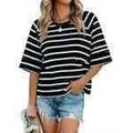 Women's loose black and white striped T-shirt with round neck and flared sleeves - Black Stripe