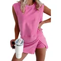 Casual pink two-piece set with sleeveless round neck top and matching elastic waist skort. - S / Top And Bottom / Rose Red