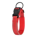 Gros plan détaillé d'un collier réfléchissant rouge pour chien avec boucle robuste - Rouge