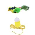Components of hanging cat toy: plush chirping bird with feathers, elastic cord and suction cup - Squeaking Bird / Yellow-Green
