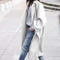 Elegant long light grey wool blend coat for women autumn winter casual street style look - M / Tops / White