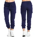 Detailed front and back view of women's navy blue cargo joggers with drawstring waist - S / Bottoms / Dark Blue