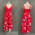 Robe maxi rouge à fleurs avec col en V, dos nu et taille élastique confortable - S / Robes / Rouge