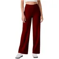 Detail view of women's high-waist straight-leg yoga pants in dark red color - S / Bottoms / Burgundy