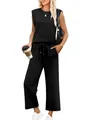 Women's black sleeveless two-piece set with round neck tank top and casual pants. - S / Top And Bottom / Black