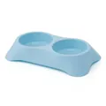 Durable light blue plastic double pet bowl for cats and dogs with anti-spill design. - Blue