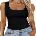 Close-up of a women's black ribbed sleeveless tank top with a deep round neckline - S / Tops / Black