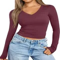 T-shirt da donna slim fit a maniche lunghe con scollo a V color bordeaux - XS / Top / Borgogna