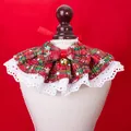 Festive red plaid Christmas pet bib collar featuring white lace and gold bell bow - XS / Red and Green