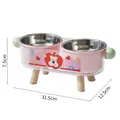 Double stainless steel pet bowl feeder with pink stand and wooden legs, 31.5cm long - Dopamine + Stainless Steel Double Bowls / Pink