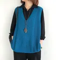 Lässige Damenstrickweste mit V-Ausschnitt und Retro-Hohlmuster in Blau, lockere Passform - Einheitsgröße / Oberteile / Blau