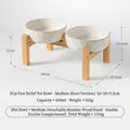 Juego de dos cuencos de cerámica para mascotas con diseño de huella y soporte de bambú - Cuenco Mediano Bajo + Soporte Doble Desmontable Elevado