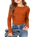 Detailed view of a girls' rust orange ribbed long-sleeved elastic crew neck T-shirt - S / Tops / Orange