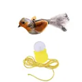 Detail view of hanging bird cat toy including a chirping plush bird and suction cup attachment. - Squeaking Bird / Brown