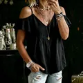 Detail of casual black cold-shoulder top with ruffled sleeves and V-neckline - 2XL / Tops / Black