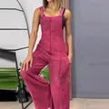 Detail view of stylish rose red sleeveless denim jumpsuit for women's summer casual wear - Letter A / Set / Rose Red