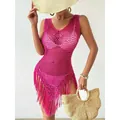 Vibrant hot pink bohemian crochet beach cover-up featuring fringe tassels and hollow knit - Rose Red