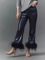 Glamorous dark navy sequin flared pants featuring exquisite feather trim for elegant parties - S / Bottoms / Navy Blue