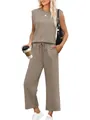 Detail of women's two-piece casual set featuring a round neck tank top and wide-leg pants. - S / Top And Bottom / Khaki