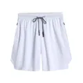 Detailed view of white double-layer men's gym shorts with mesh fabric and zip pockets. - M / Bottoms / White