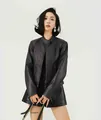 Fashionable black PU leather biker jacket for women with a stand collar and zip pockets - M / Tops / Black