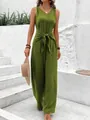 Sleeveless V-neck olive green wide-leg jumpsuit featuring knotted waist detail for summer style. - Army Green