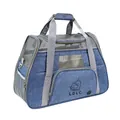 Large breathable blue pet carrier bag with LDLC logo, grey straps and mesh windows for travel - Large Capacity / Denim Blue