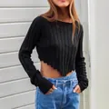 Chic black ribbed long sleeve crop top featuring an asymmetric pointed hem design - S / Tops / Black