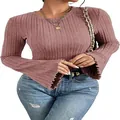 Elegant women's long sleeve 8x4 ribbed brushed round neck top in stylish mauve rose color - Tan
