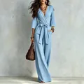 Elegant French deep V-neck wide-leg jumpsuit with puff sleeves and slimming waist belt - S / Set / Sky Blue
