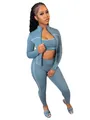 Vista dettagliata del set sportivo 3 pezzi con giacca zip e leggings abbinati - Blu