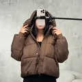 Stylish women's brown short hooded puffer coat featuring a casual quilted design for winter - S / Tops / Brown