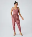 Full front detail of women's sleeveless dusty rose harem jumpsuit with side pockets - S / Set / Burgundy
