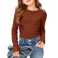Detailed view of child's brown long-sleeve ribbed T-shirt with a comfortable round neck - S / Tops / Rust Red