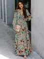 Floral print long sleeve maxi dress with V-neck and tiered skirt in sage green - S / Dresses / Green