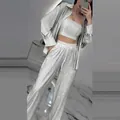 Glamorous white sequin three-piece set with long shirt, tube top and wide pants - White