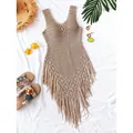 Bohemian hand-crocheted beige beach swimwear cover-up top with stylish fringe detail - Light Gray