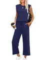 Full body view of a woman wearing a navy blue sleeveless tank top and wide-leg pants set - S / Top And Bottom / Navy Blue