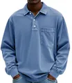 Vista detallada de un polo azul de manga larga para hombre con bolsillo y botones. - S / Tops / Azul