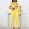 Fashionable yellow floral print blouse with bow-tie neck and high waist trousers set for women - S / Top And Bottom / Yellow