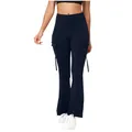 Detailweergave van de marineblauwe cargo flare yogabroek met hoge taille en zakken - S / Bottoms / Marineblauw